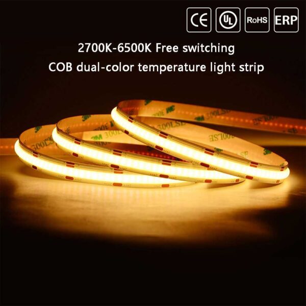 608Chips CCT COB Bicolor LED Strip 10mm UL Certified CRI 90