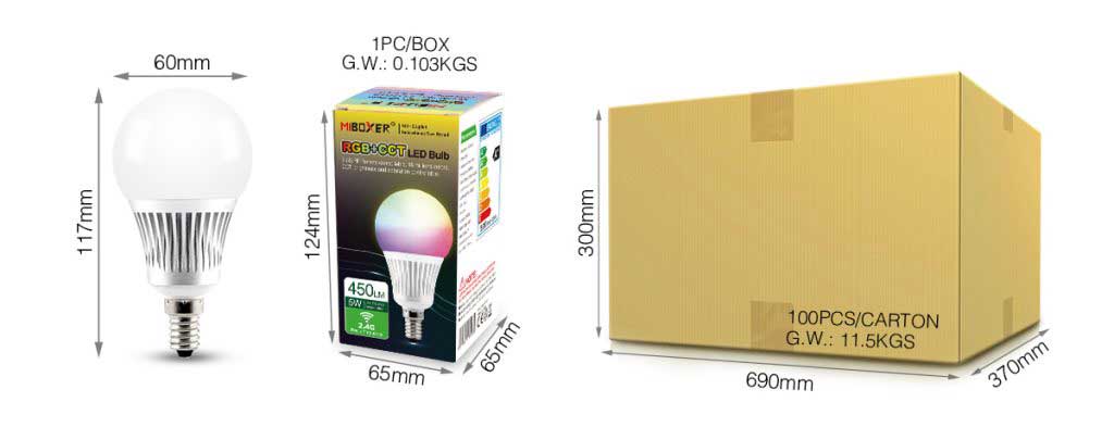 FUT013 RF 2.4GHz 5W E14 RGB CCT LED Light Bulbs Size