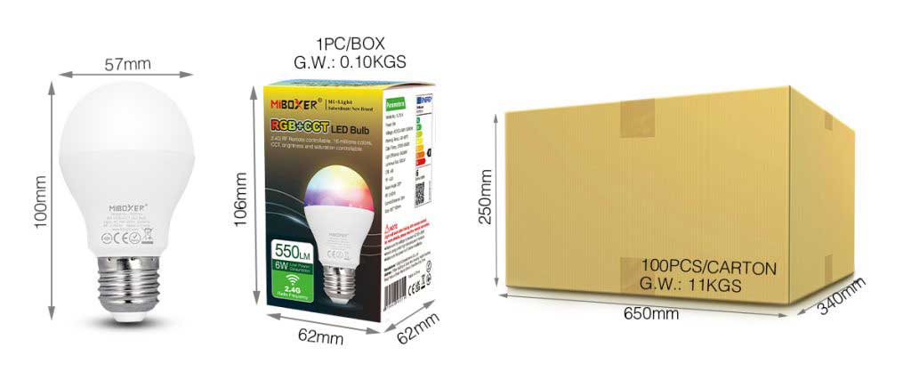 Miboxer FUT014 RF 2.4GHz 6W RGB CCT LED Bulbs Size