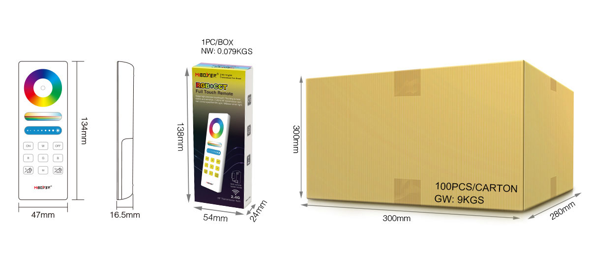 FUT088 RGB+CCT 2.4GHz RF Full Touch Remote Control Size
