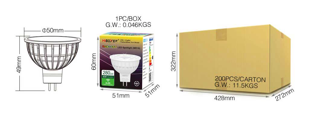 FUT104 RF 2.4GHz 4W MR16 RGB CCT LED Spotlight Bulb Size