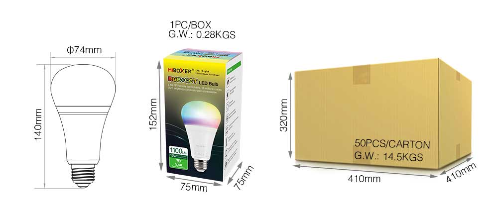Miboxer FUT105 RF 2.4GHz 12W RGB CCT LED Bulb Size