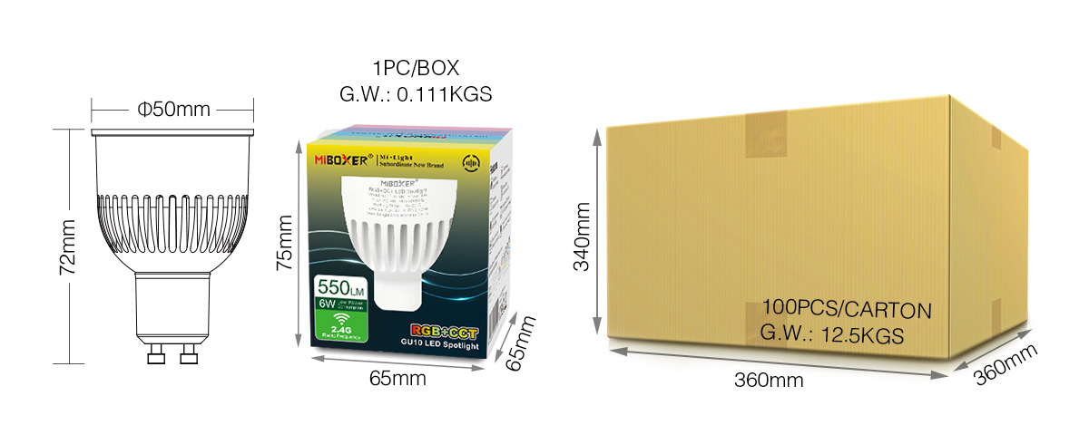 FUT106 6W GU10 RF 2.4GHz RGB CCT LED Spotlight Size