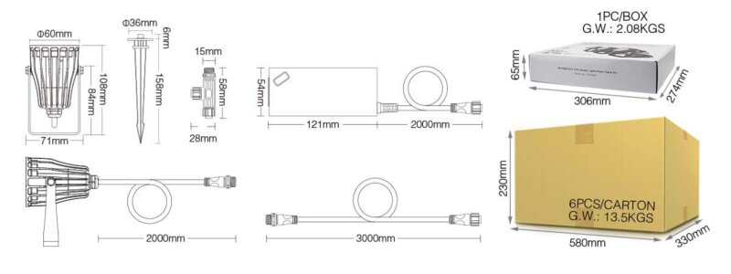 Outdoor Garden Lights FUTC08A 6W RGBCCT LED Waterproof Kit Dimension and Weight Chart