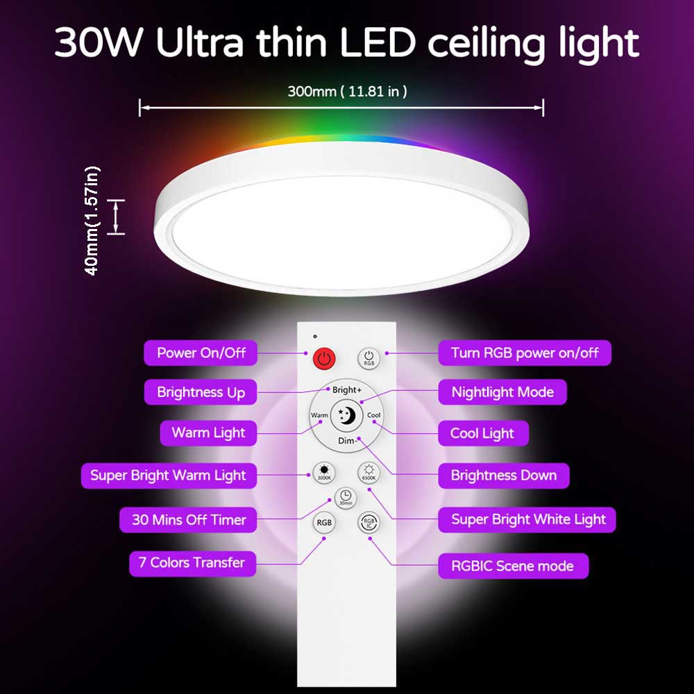 Flush Mount Ceiling Light 30W SPI RGBIC CCT Smart 12 Inch WiFi-AMZ-Lighting Flush Mount Ceiling Light 30W SPI RGBIC CCT Smart 12 Inch WiFi-AMZ-Lighting