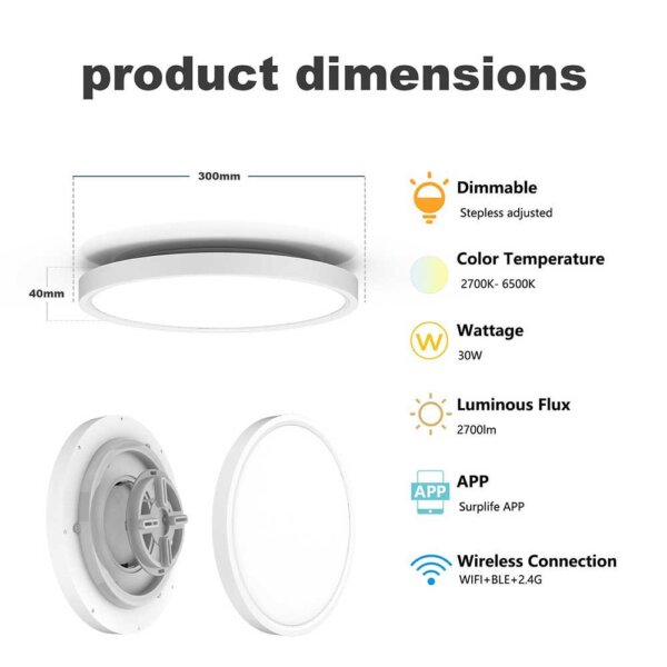 5 round led ceiling light 30W SPI RGBIC CCT Smart 12 Inch WiFi Color Temperature Dimensions