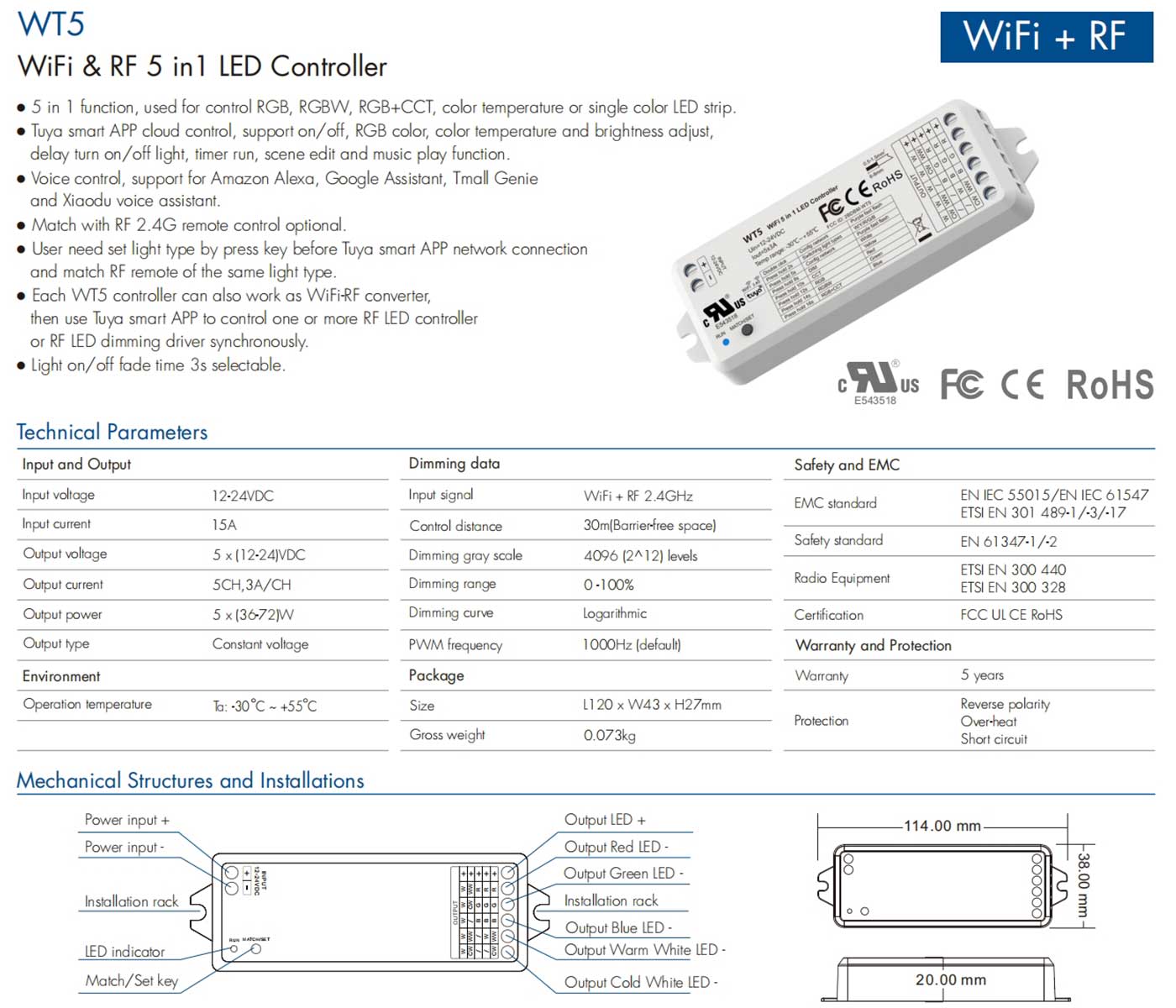 Tuya LED Controller WiFi 5-in-1 WT5 UL Listed & Standard-AMZ-Lighting